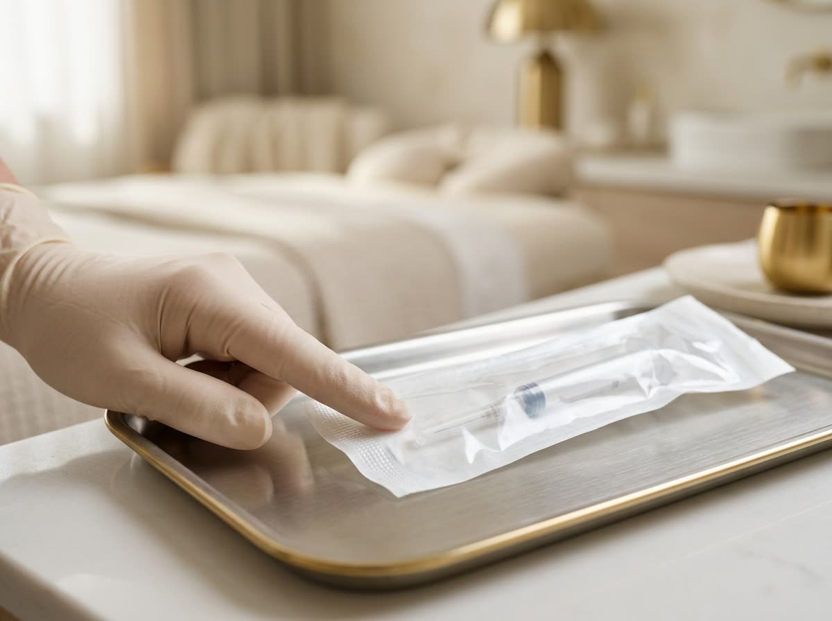Sealed sterile packaging and gloved hands resting on a clean treatment tray.