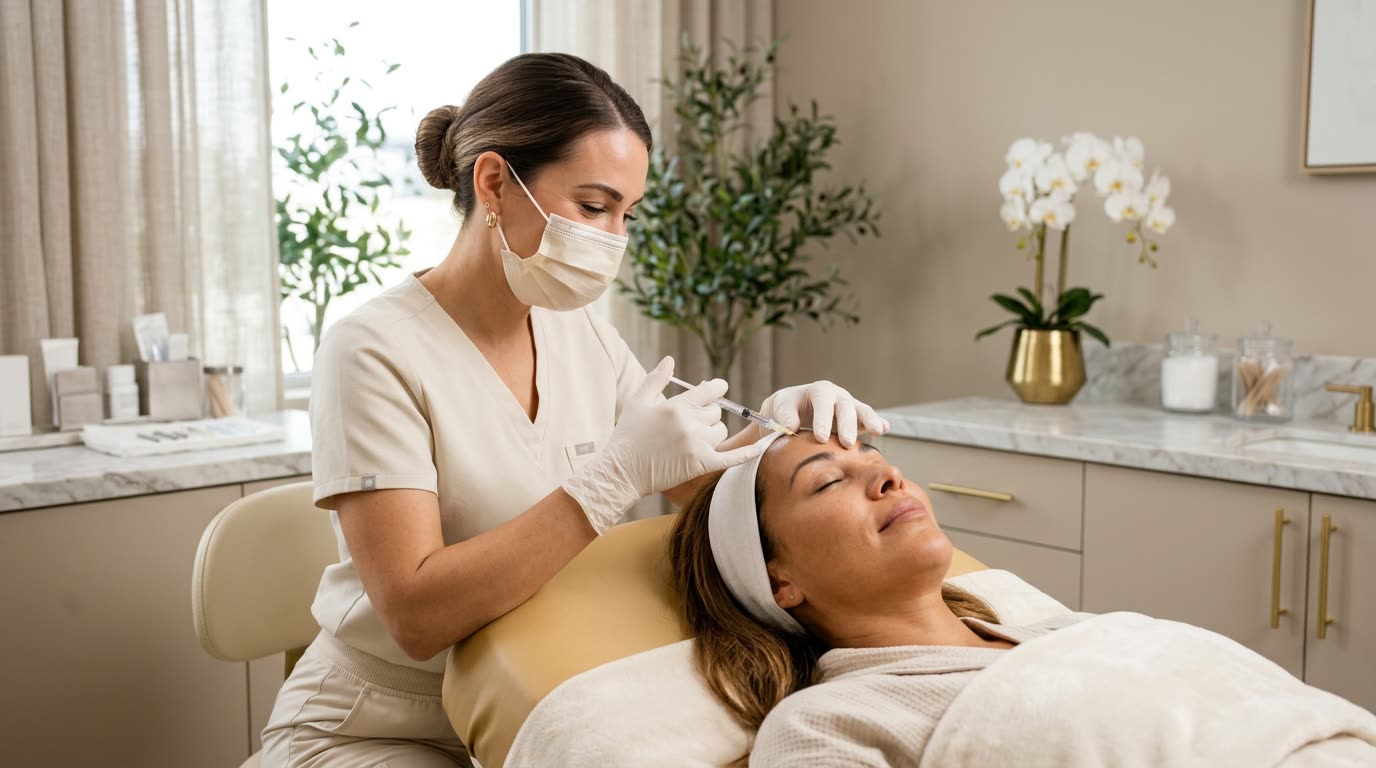A provider administering a Botox injection to a relaxed client in a modern med spa treatment room