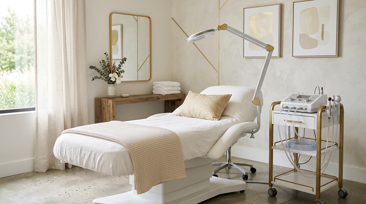 A clinical facial suite with a treatment bed and a device cart with tubing.