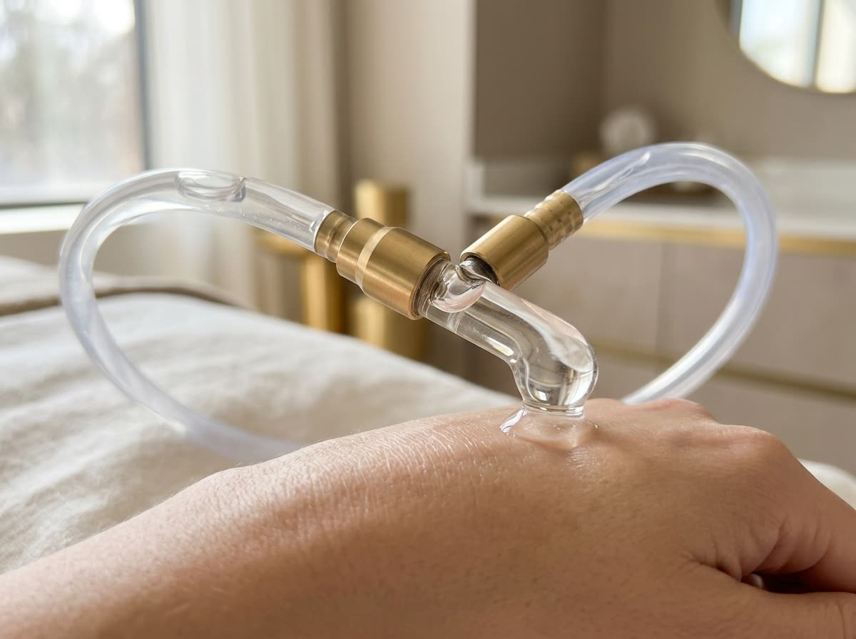 Clear serum tubing and a rounded glass handpiece tip catching the light.