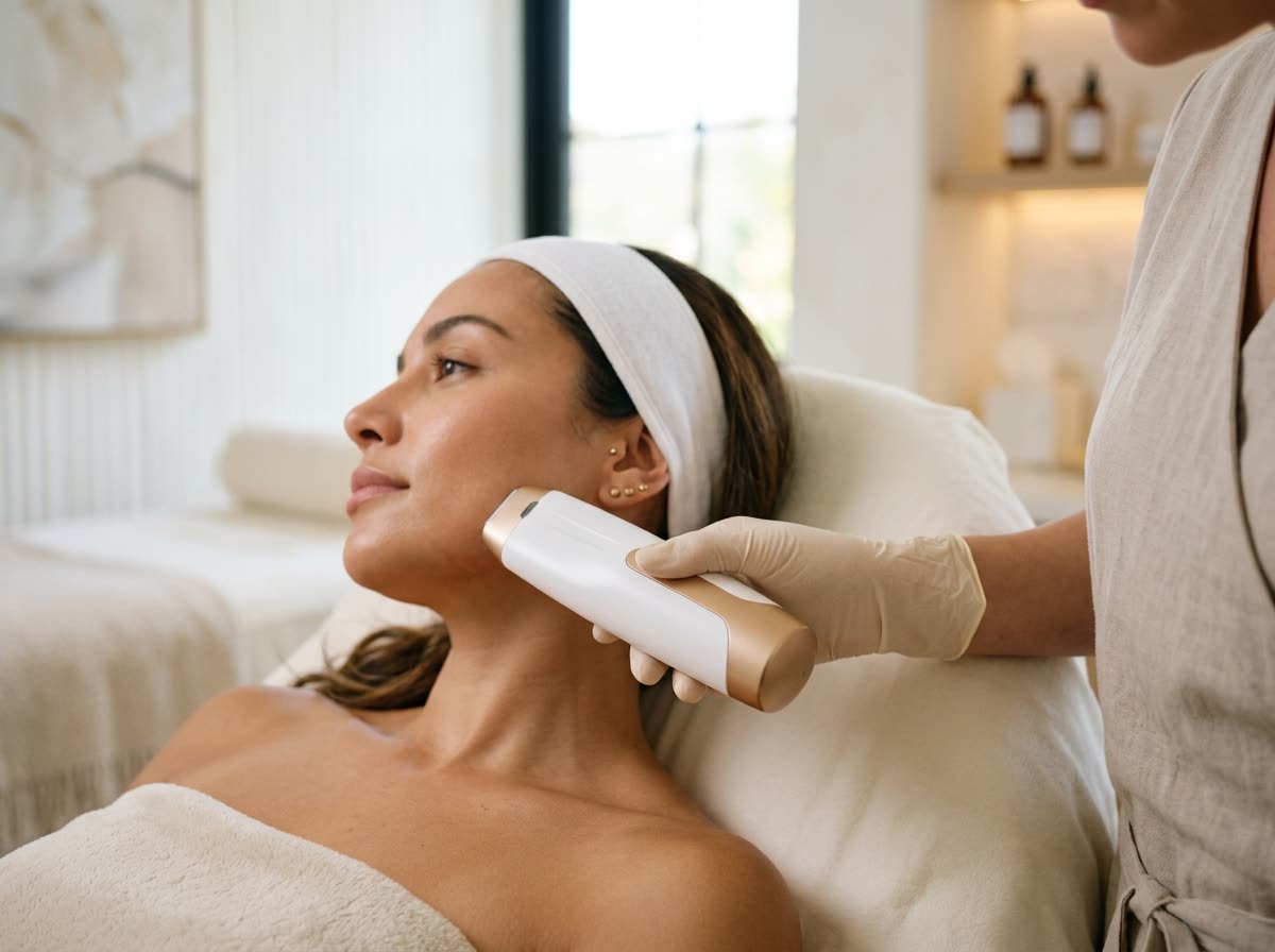 A treatment handpiece gliding along a client's cheek, face turned away.
