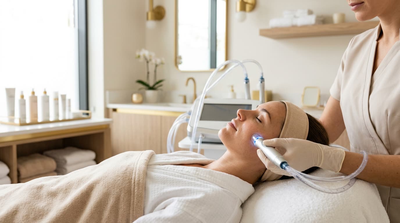 A hydrafacial handpiece being used on a client's cheek during a hydrating facial treatment