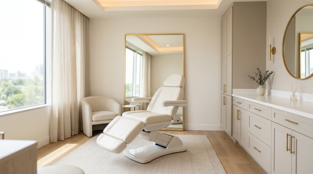 A bright consultation room with a mirror and adjustable treatment chair.