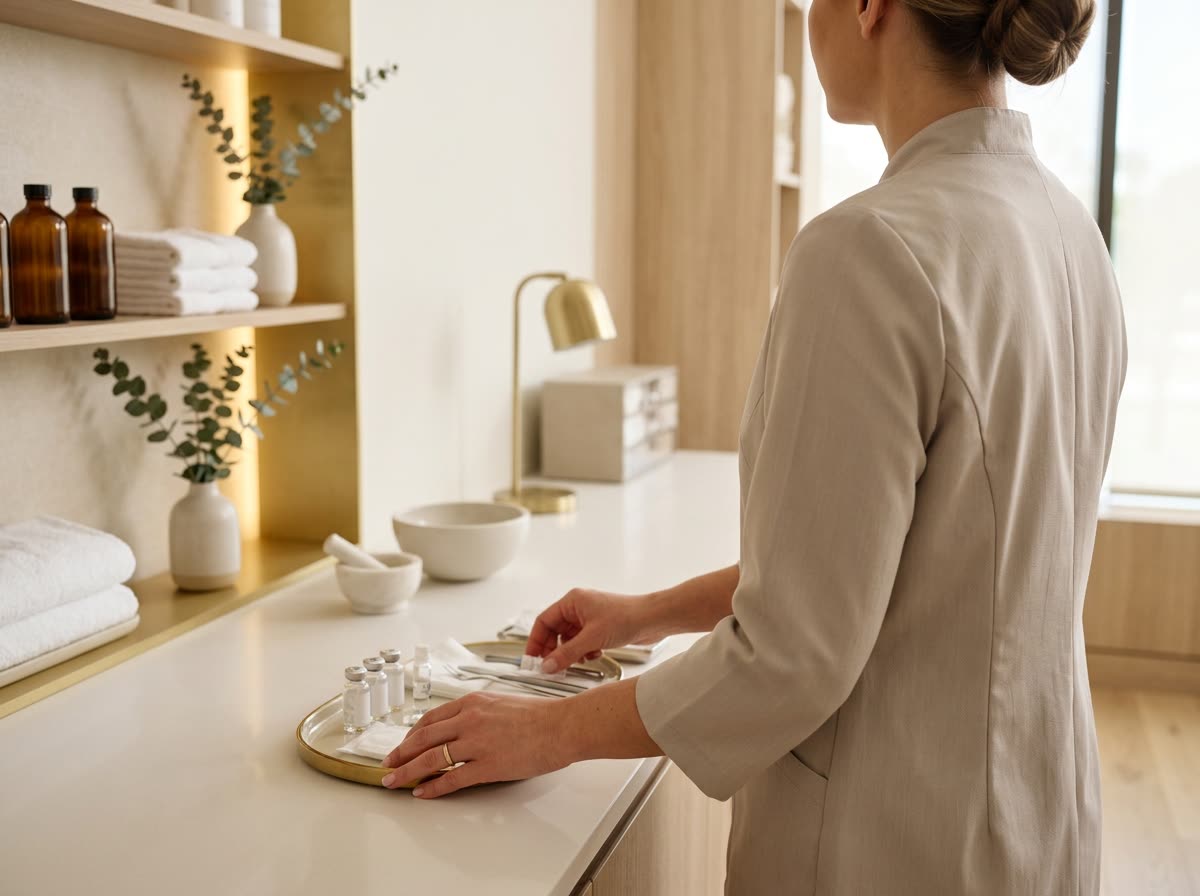 A practitioner at a prep counter, seen over the shoulder with head out of frame.