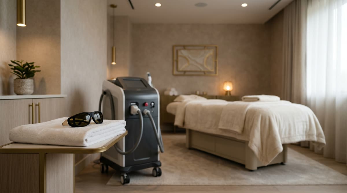 A dimmed treatment room with a laser platform and protective eyewear.
