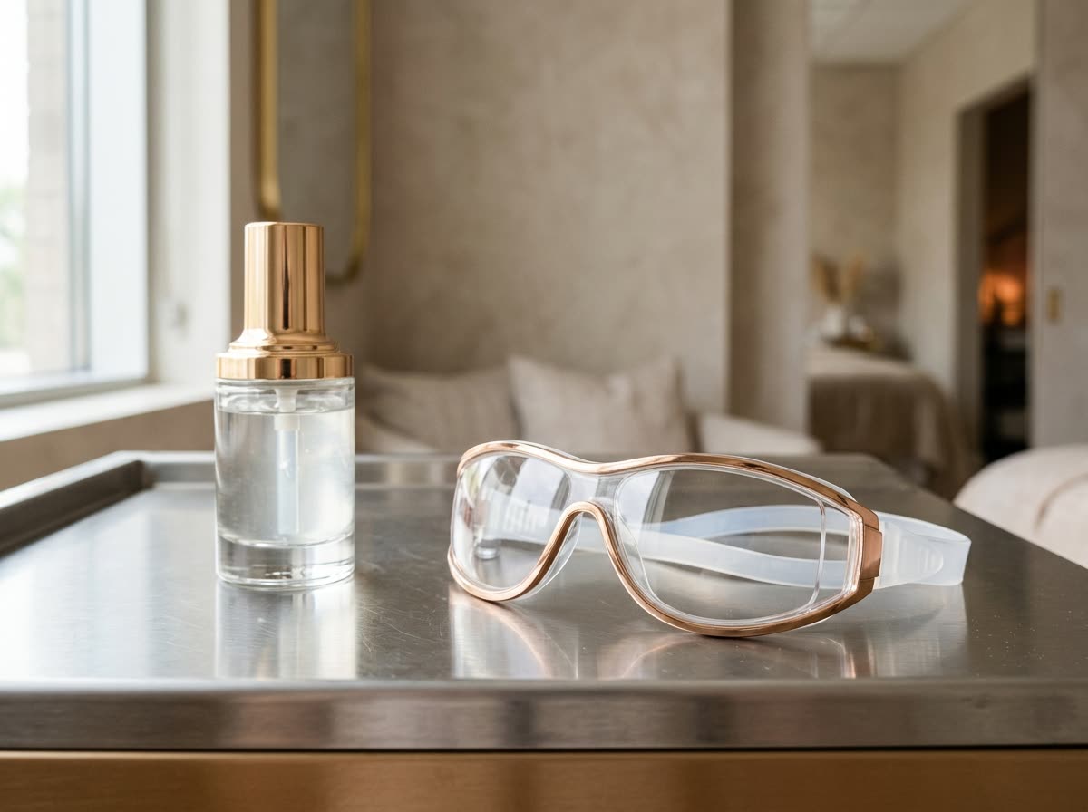 Protective goggles and a bottle of cooling gel on a stainless surface.