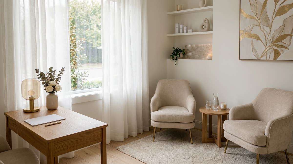A calm consultation office with two chairs and a desk by a curtained window.