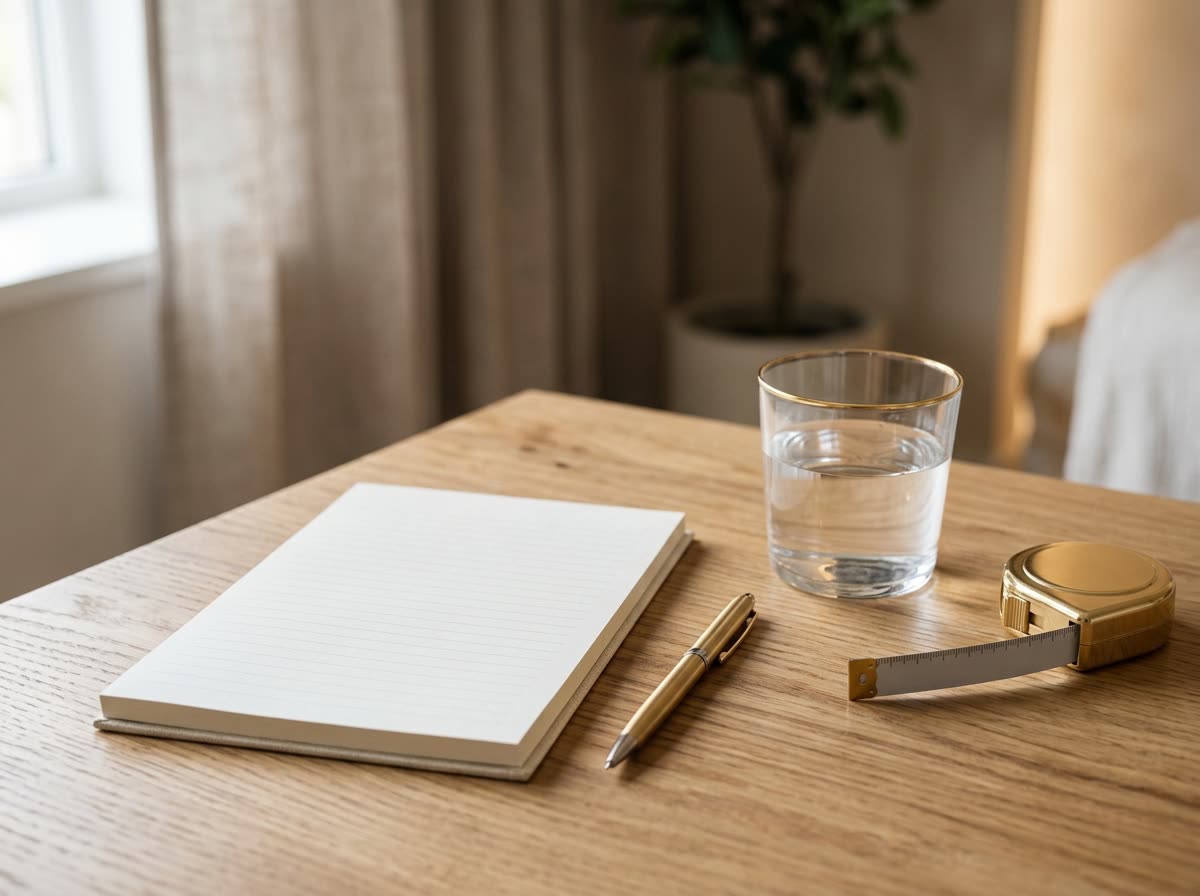A blank notepad, pen, glass of water and tape measure on a wooden desk.